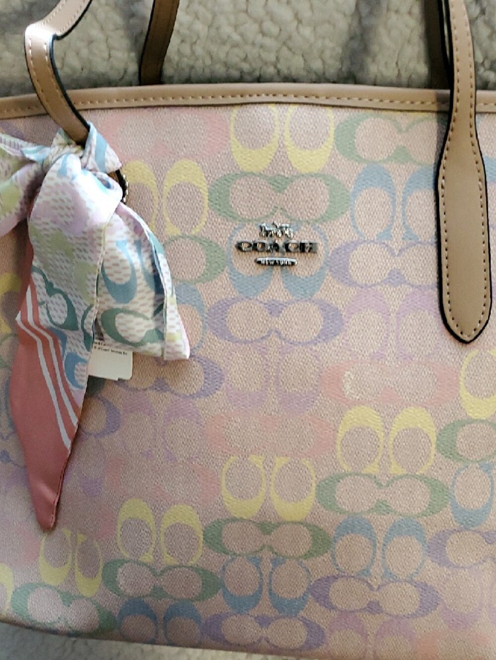 Coach Pastel Pink Signature Canvas Tote with Scarf Accent - Picture 6 of 16